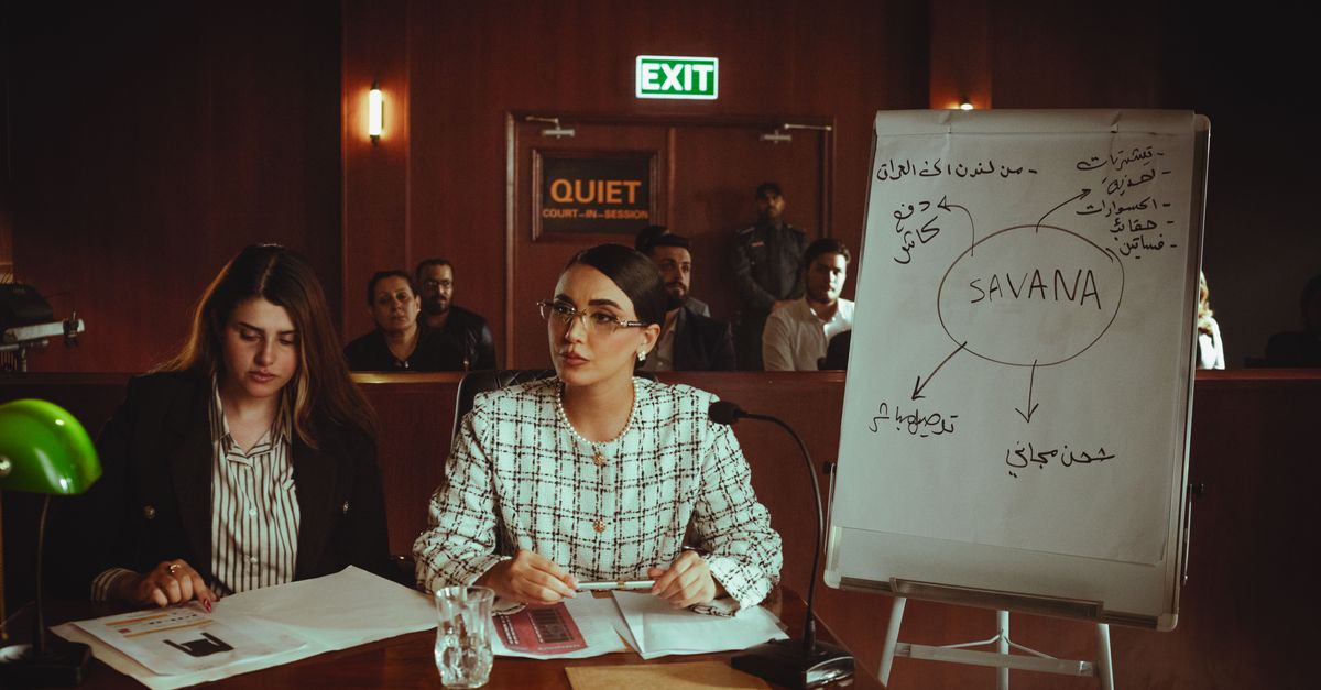 A professional legal presentation in a Baghdad courtroom with diverse participants.